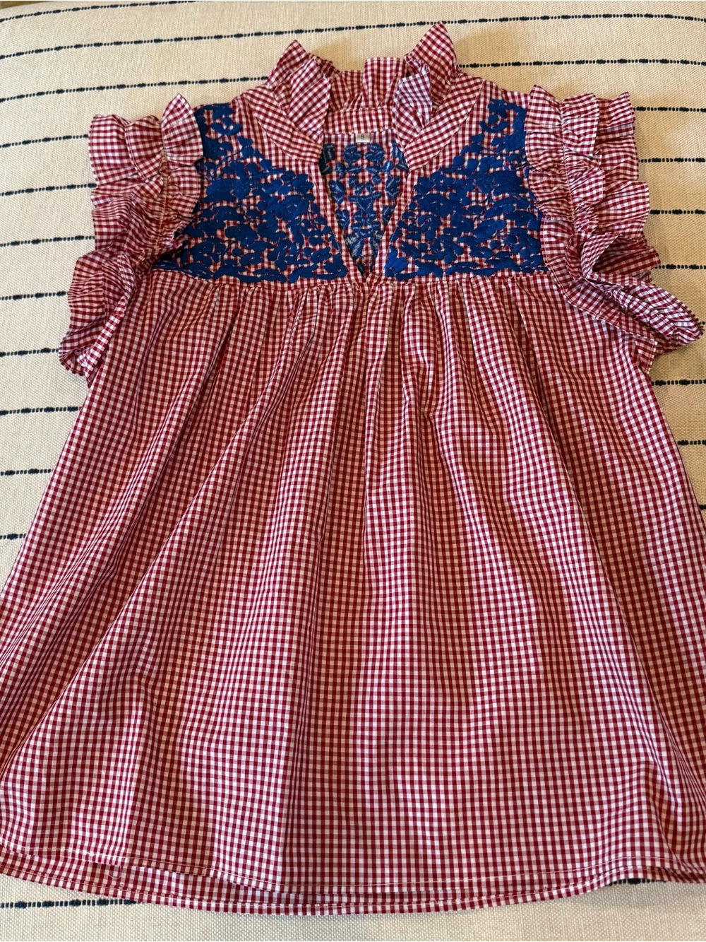 Red Gingham Ruffle Blouse with Blue Embroidered Yoke